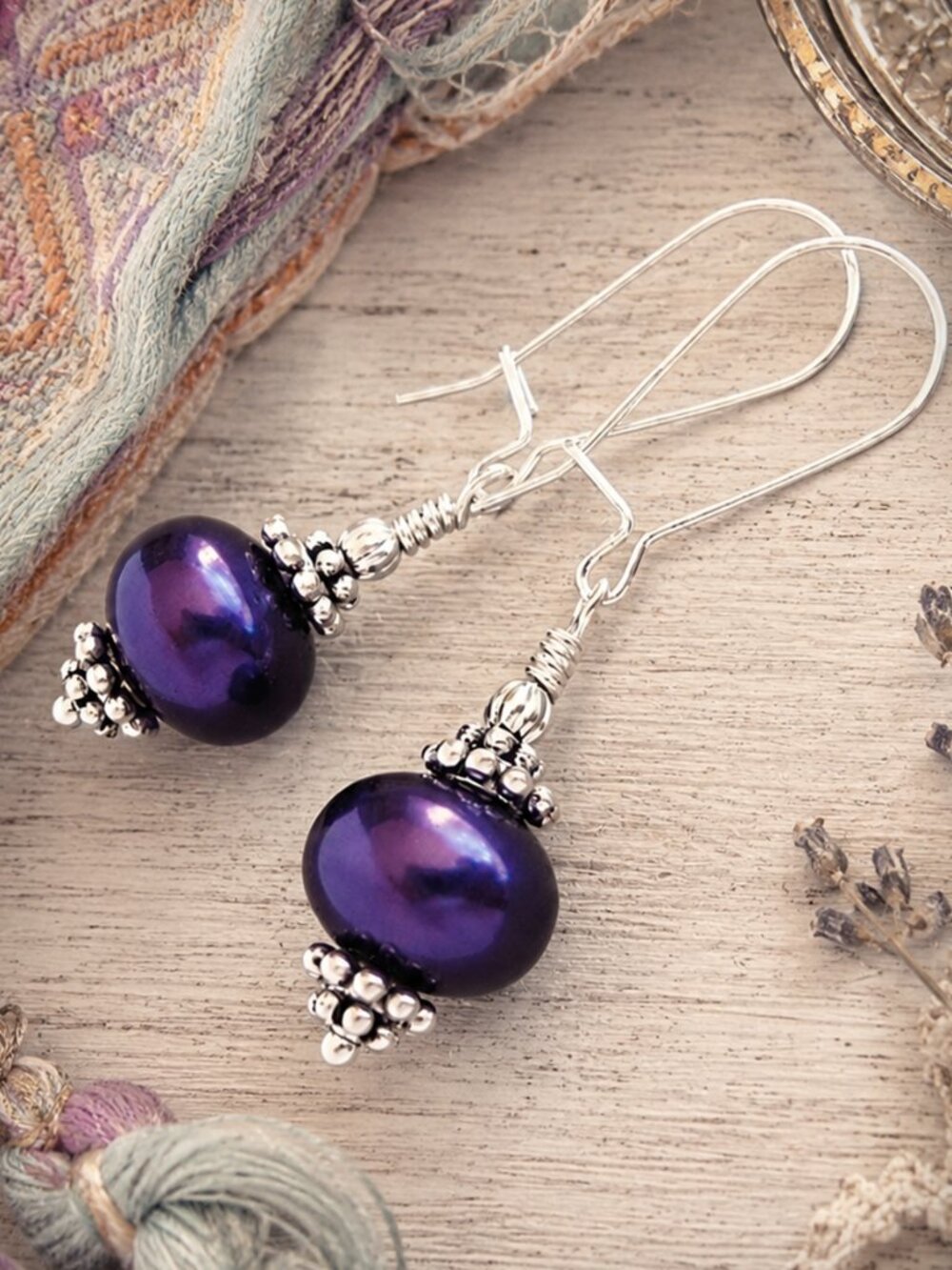 Purple Pearl Earrings Japanese Glass Sterling Silver - Picture 1 of 8